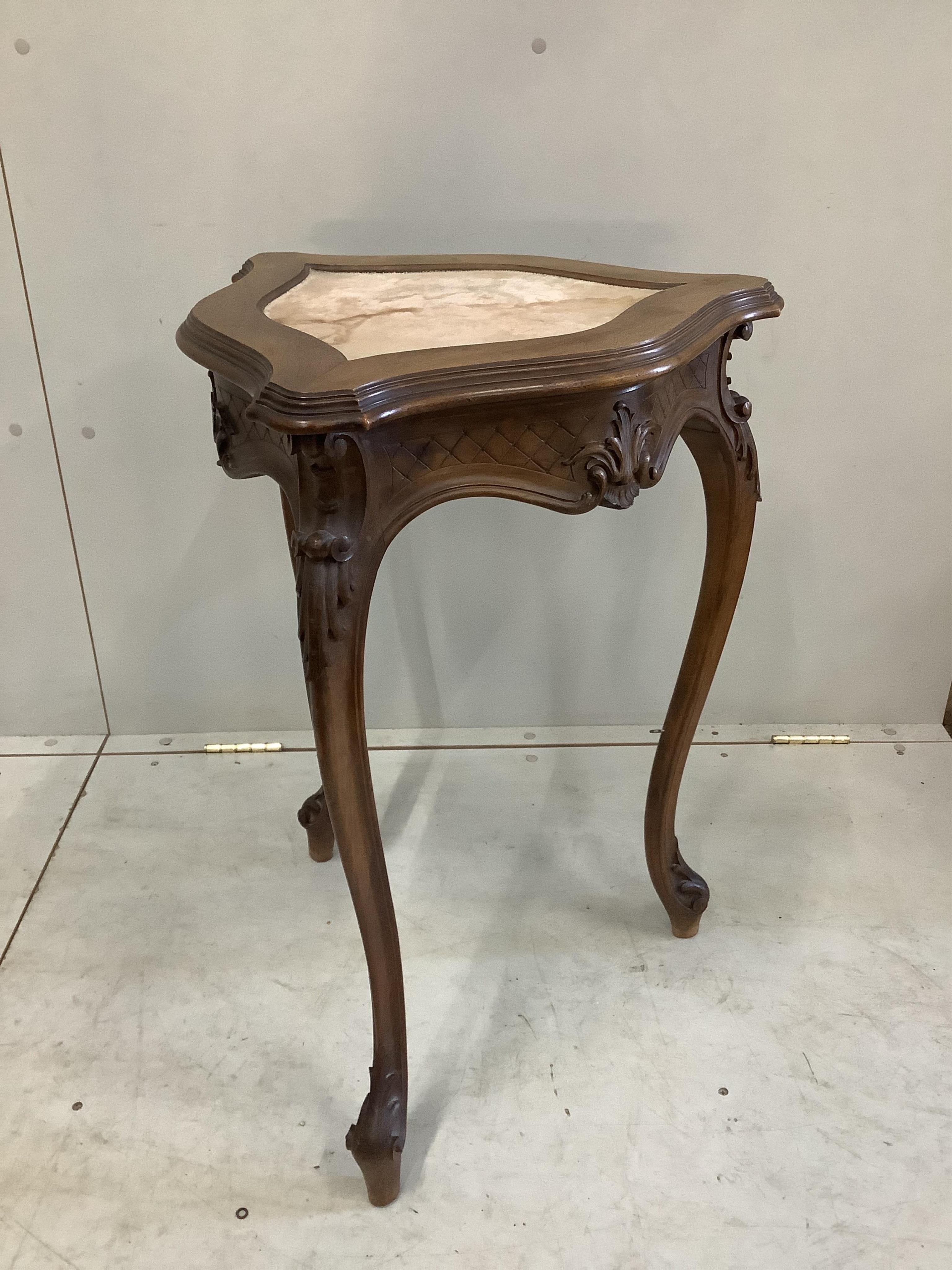 A Continental triangular mahogany occasional table, width 50cm, height 73cm, together with a beech dressing stool. Condition - poor to fair